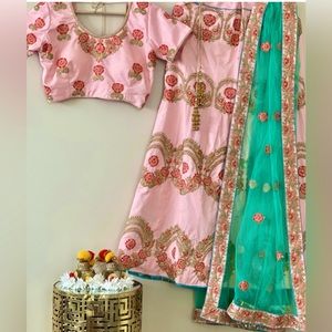 New Indian Silk Designer Embroidered Light Pink & Gold Lehenga